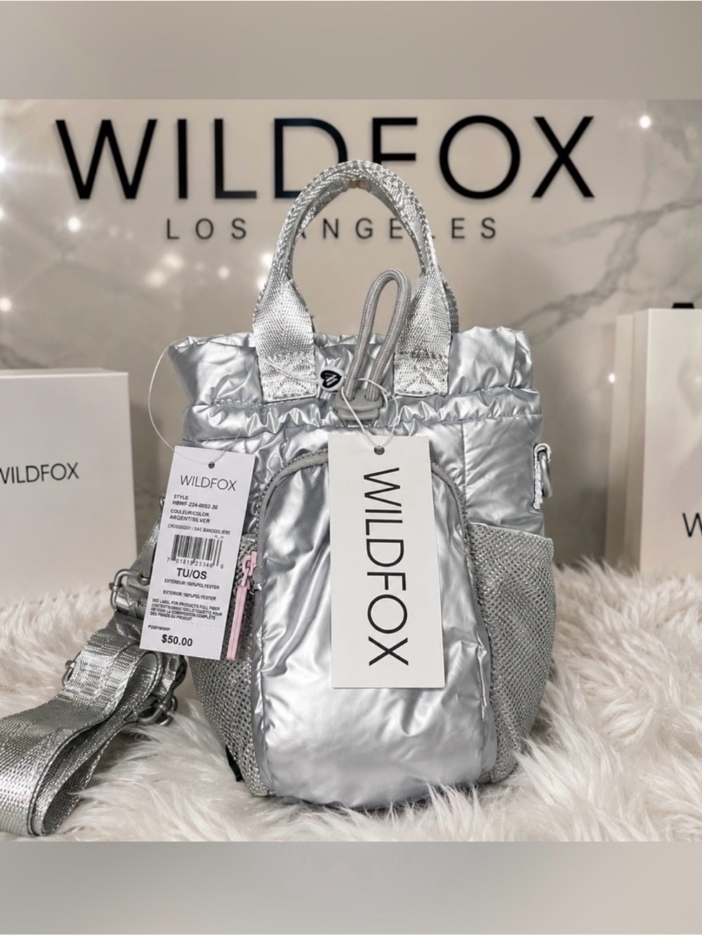 WILDFOX Silver Quilted Mini Tote - Metallic Crossbody NW